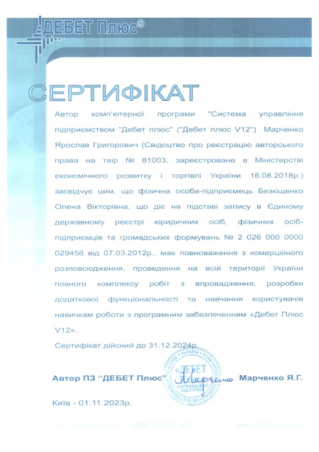 Сертифікат ФОП Безкіщенко О. В.